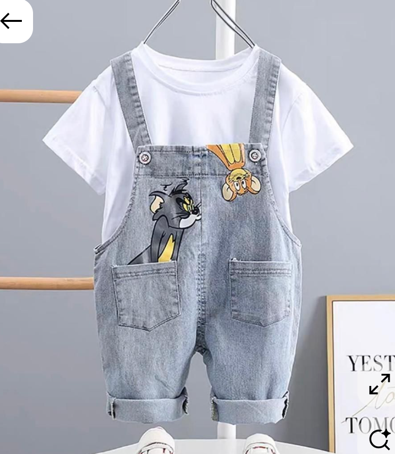 Baby Cartoon Denim Romper & T-Shirt Set – Grey