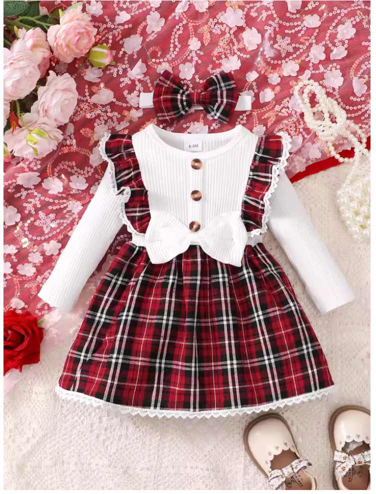 Baby Girl Lace-Trim Plaid Dress & Headband Set – Red & White
