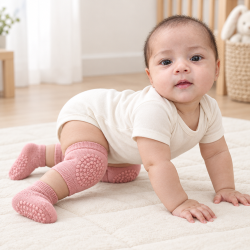 Baby model Sara wearing rose pink knee pads and matching grip socks