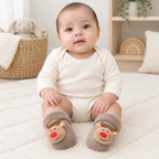 Sara wearing taupe baby reindeer socks