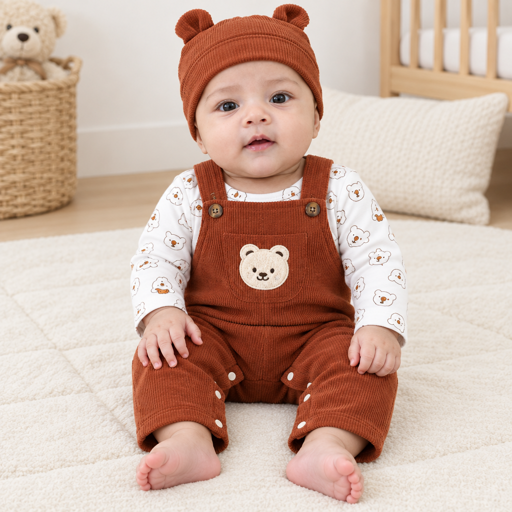 Sara wearing rust brown bear dungarees and matching hat with bare feet