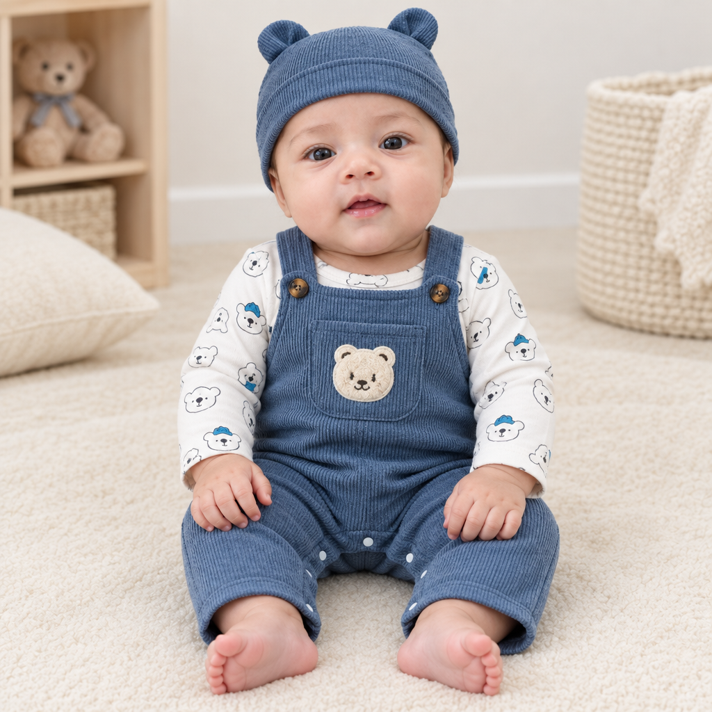 Sara wearing blue bear dungarees and matching hat with bare feet