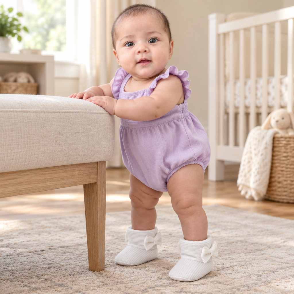 Sara wearing white baby side-bow booties