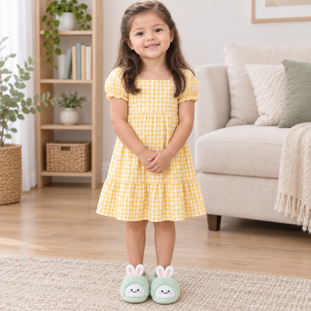 Five-year-old Sara model wearing mint green bunny slippers