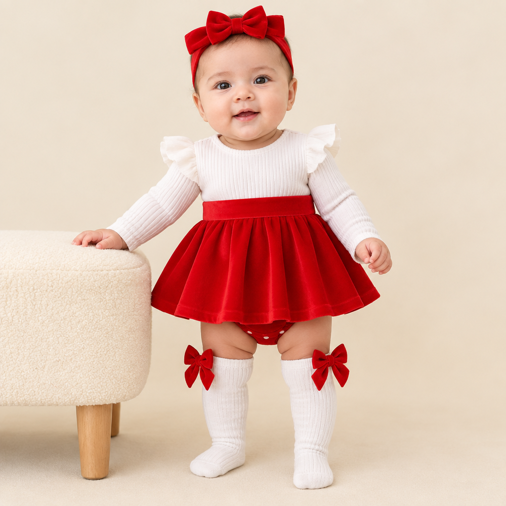 Sara standing with support wearing a red and white ruffle romper dress with matching bow headband and socks