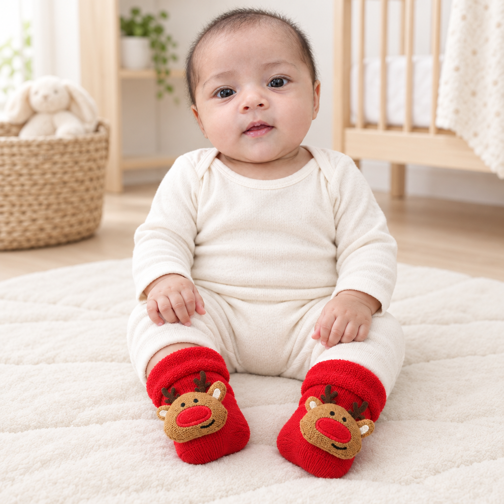 Sara wearing red baby reindeer socks