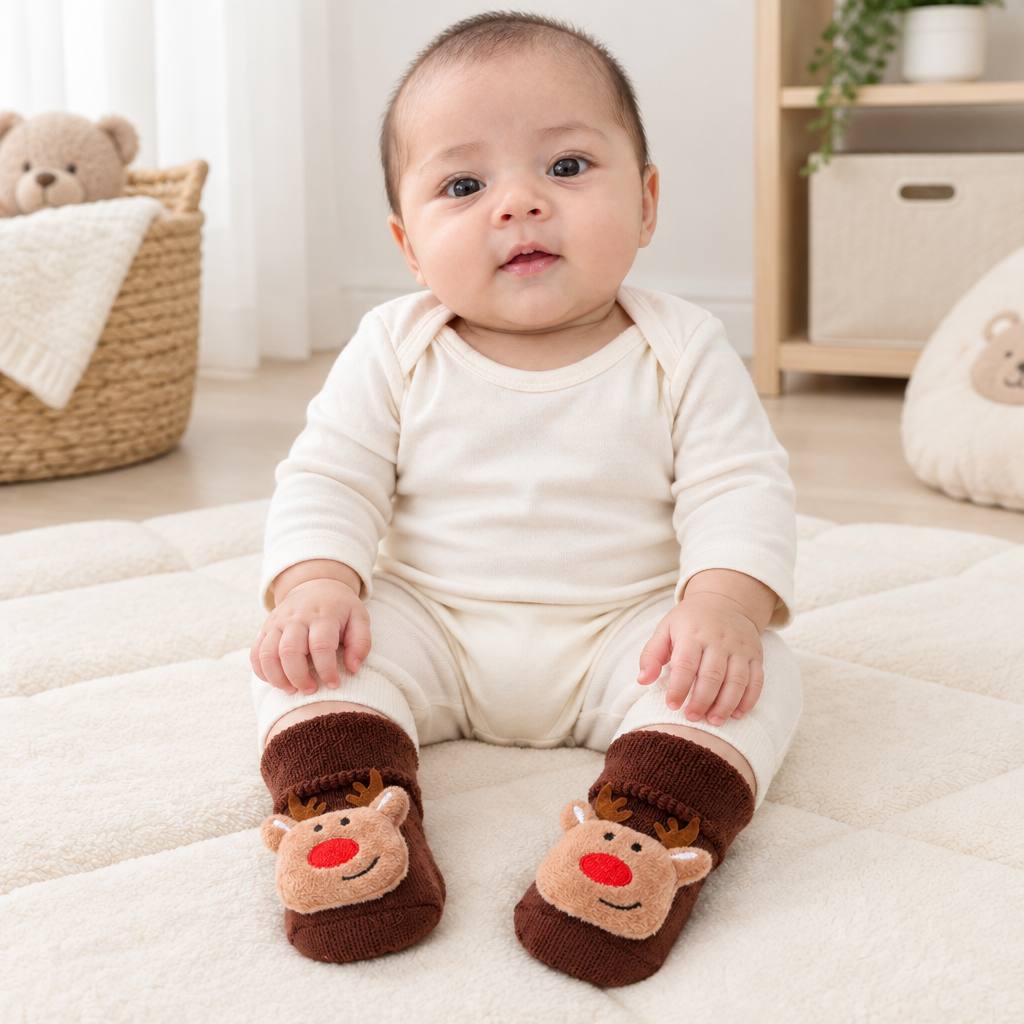 Sara wearing brown baby reindeer socks