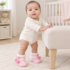 Sara standing holding a bench wearing fitted light pink pom-pom booties