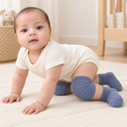 Baby model Sara wearing dusty blue knee pads and matching grip socks
