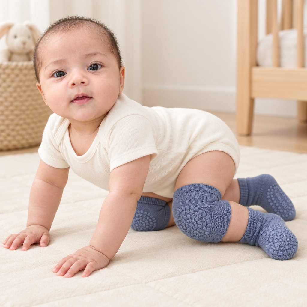Baby model Sara wearing dusty blue knee pads and matching grip socks