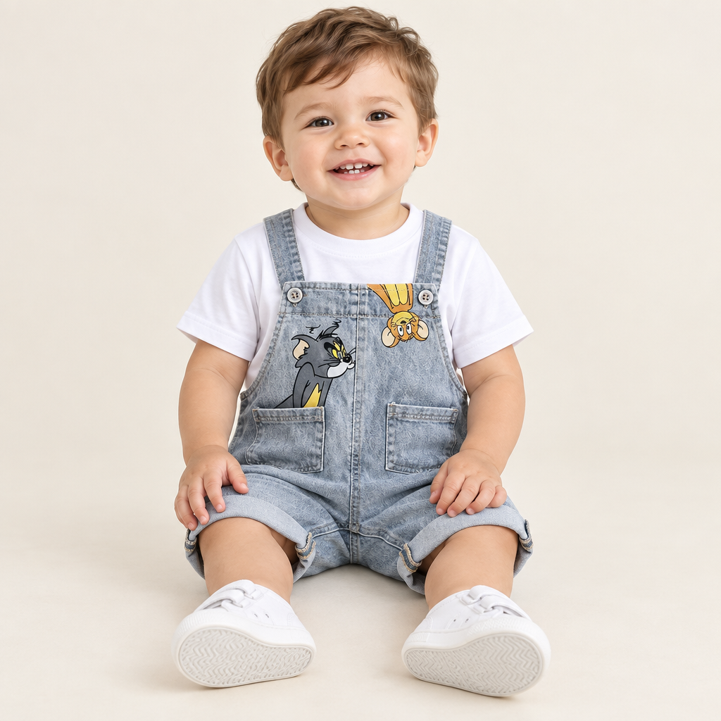 Baby boy wearing grey cartoon dungaree shorts with a white T-shirt