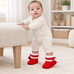 Sara standing holding a bench wearing fitted red pom-pom booties