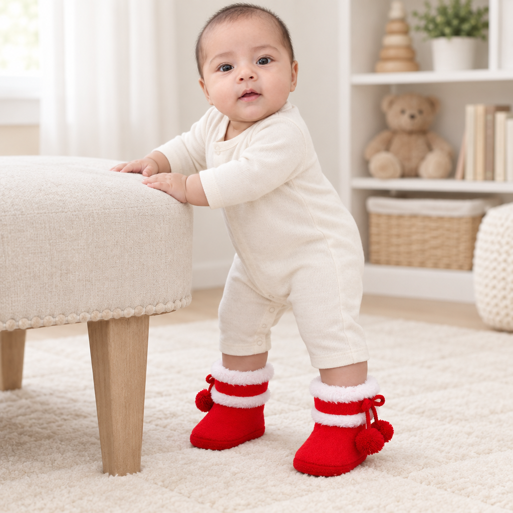 Sara standing holding a bench wearing fitted red pom-pom booties