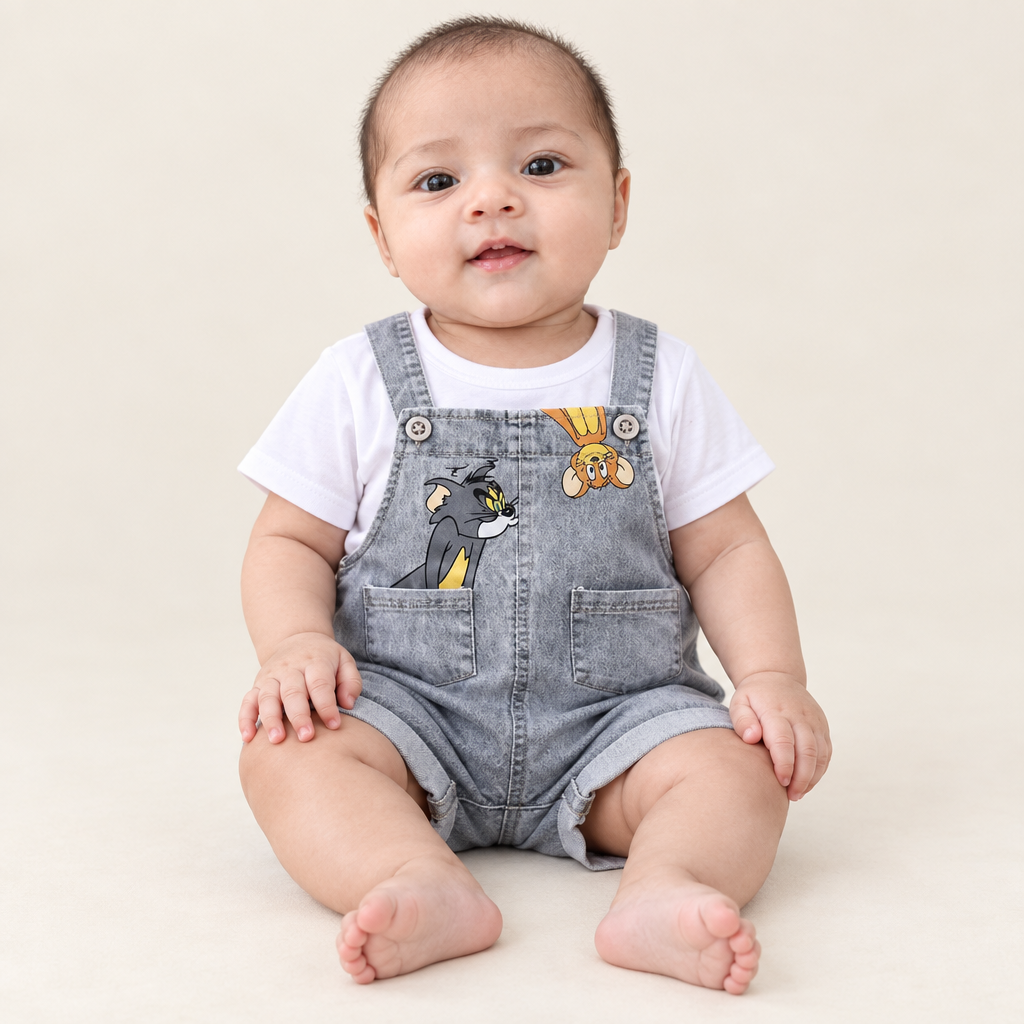 Sara wearing grey cartoon dungaree shorts with a white T-shirt