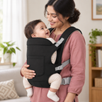 Mother carrying her baby in a black carrier with front pocket