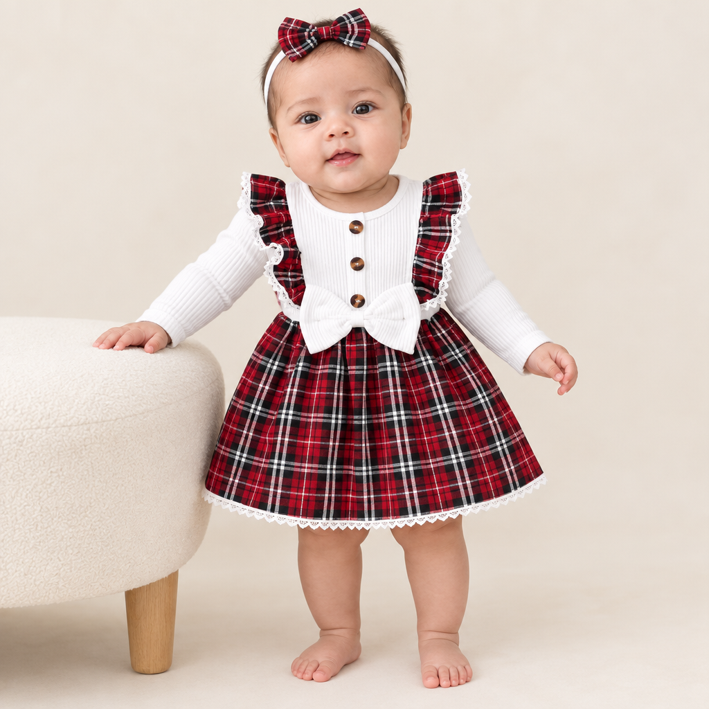 Sara standing with support in a white ribbed and red plaid lace-trim dress with matching bow headband