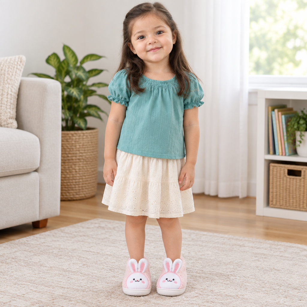 Five-year-old Sara model wearing light pink bunny slippers