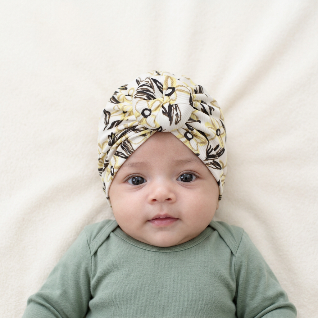 Baby Sara wearing an ivory floral turban cap with a front knot on a cream background