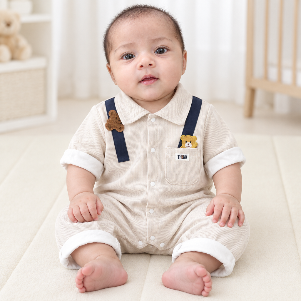Sara wearing cream collared bear romper