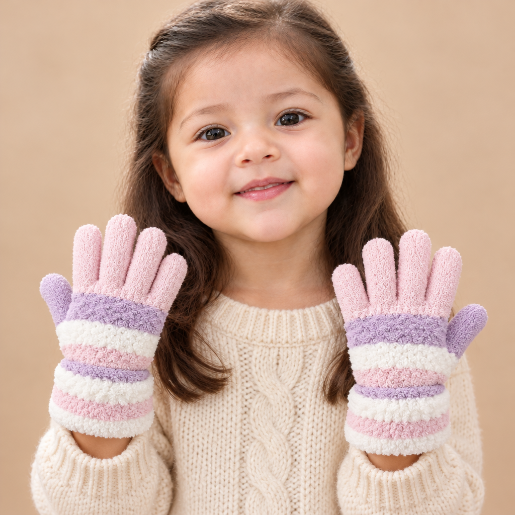 Girl wearing pink, lavender and white fluffy winter gloves