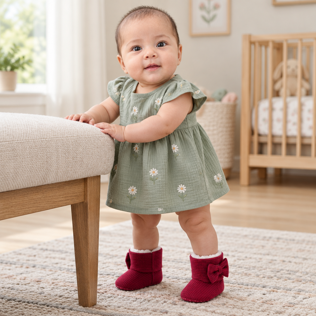 Sara wearing burgundy baby side-bow booties