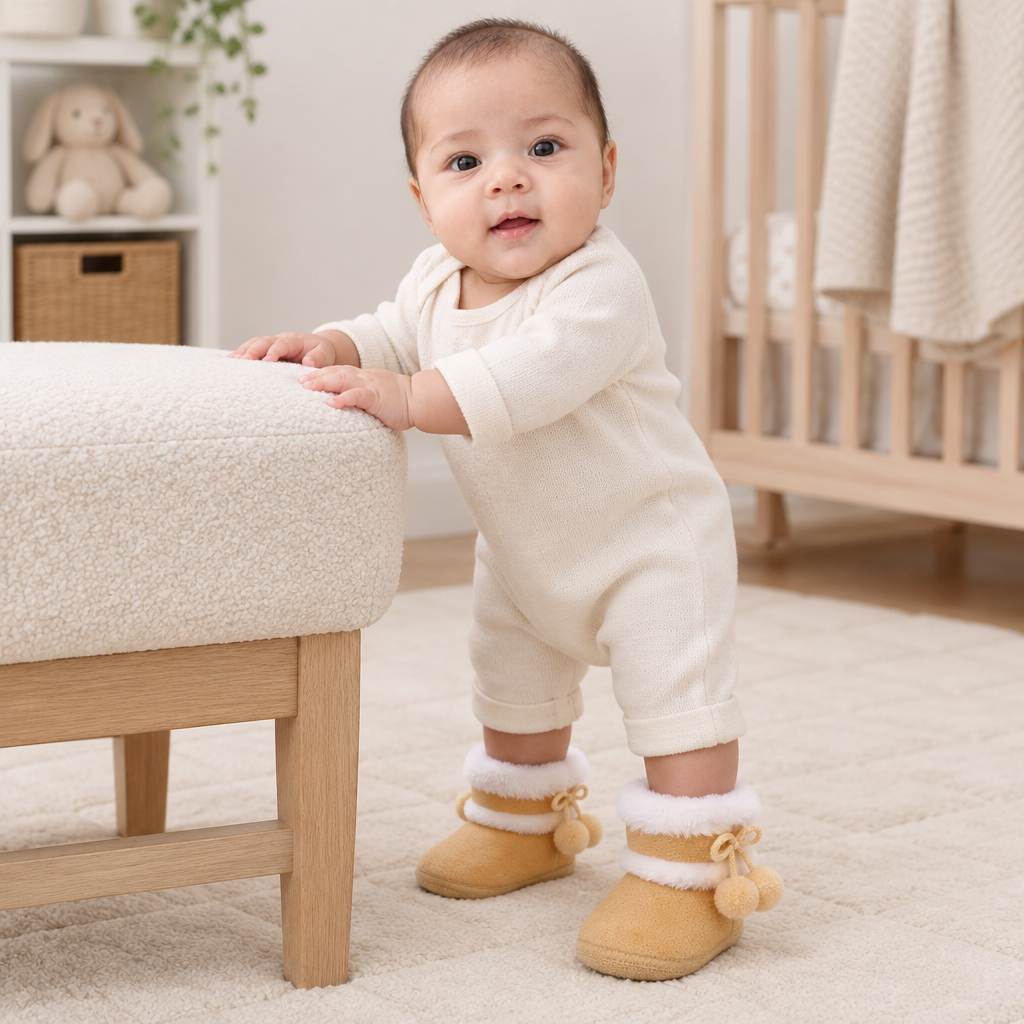 Sara standing holding a bench wearing fitted camel pom-pom booties