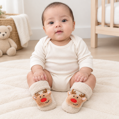 Sara wearing cream baby reindeer socks
