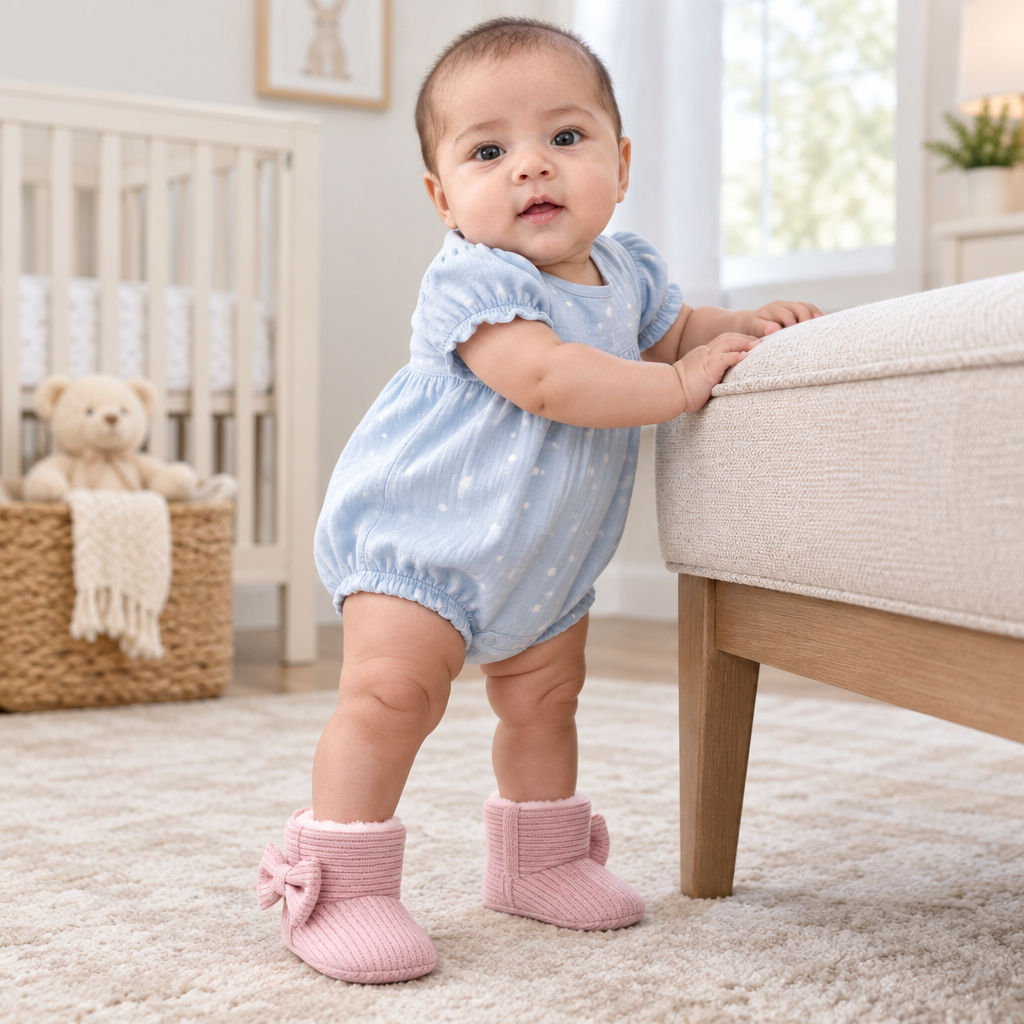Sara wearing light pink baby side-bow booties