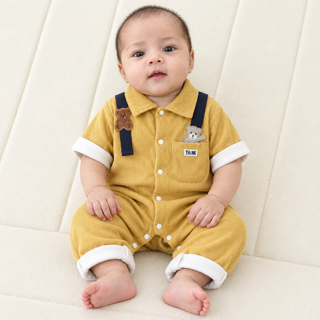Sara wearing mustard yellow collared bear romper