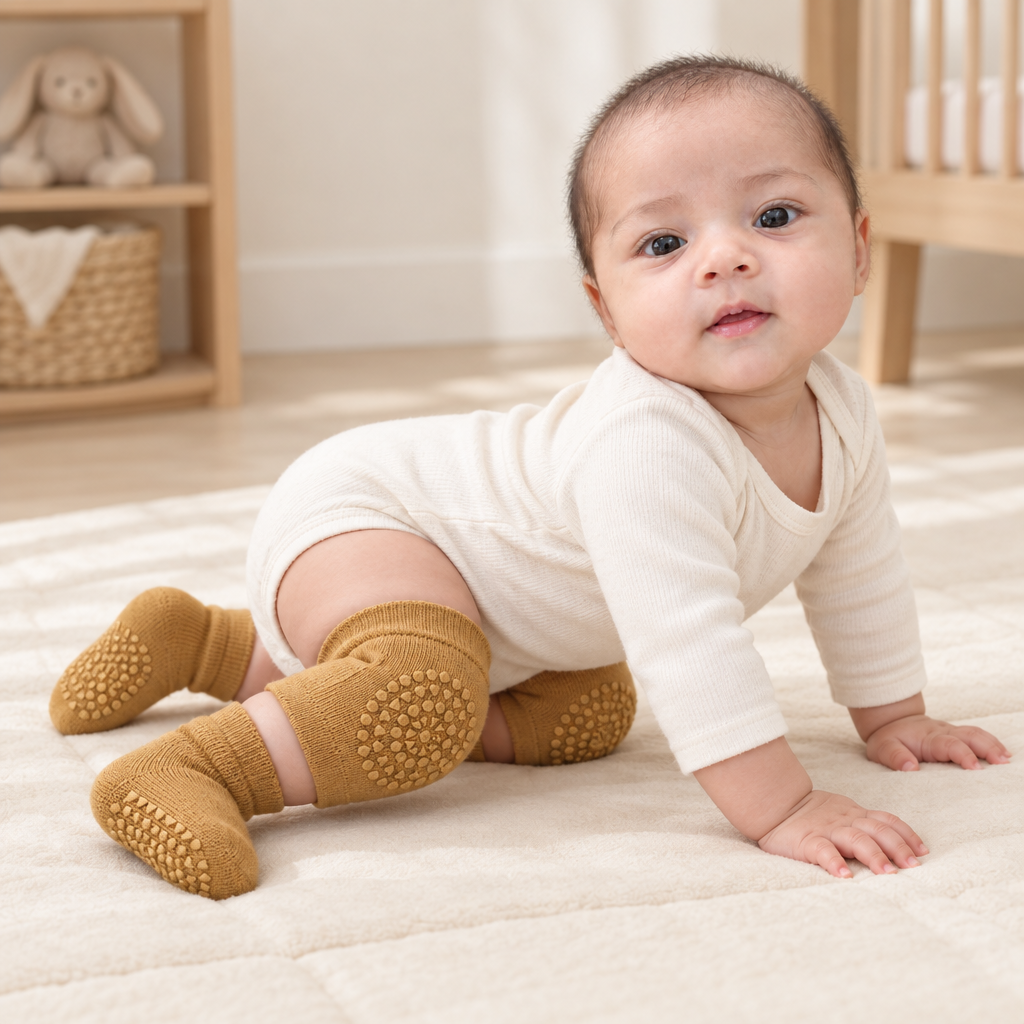 Baby model Sara wearing mustard yellow knee pads and matching grip socks