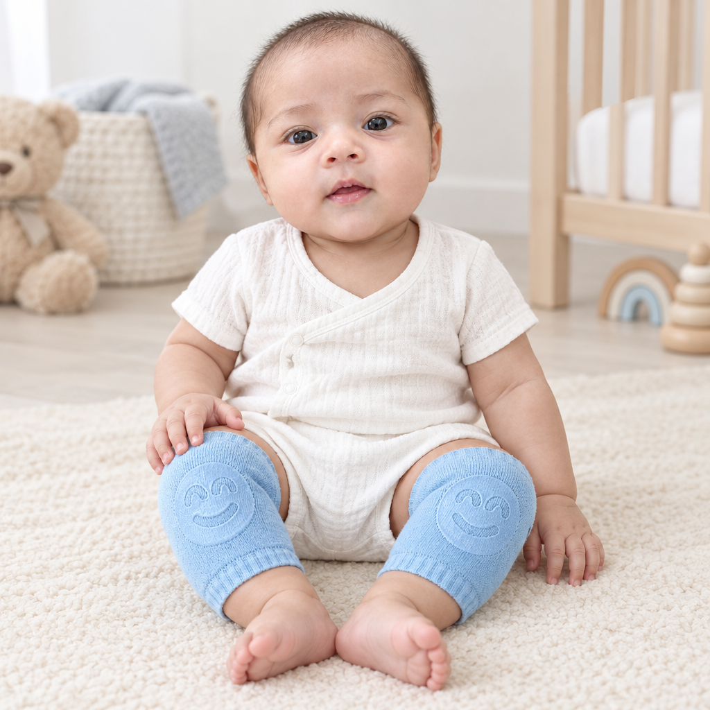 Sara wearing light blue smiley knee pads