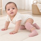 Baby model Sara wearing light pink knee pads and matching grip socks