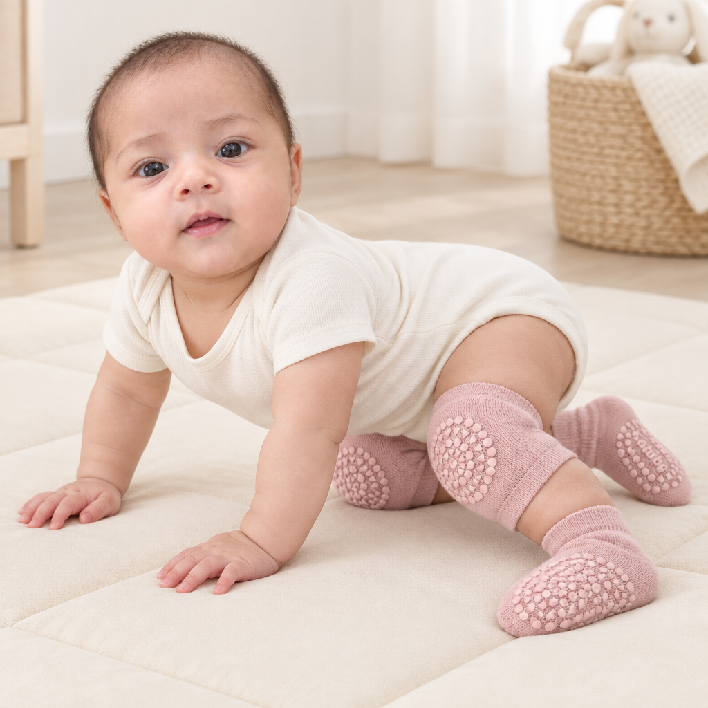 Baby model Sara wearing light pink knee pads and matching grip socks