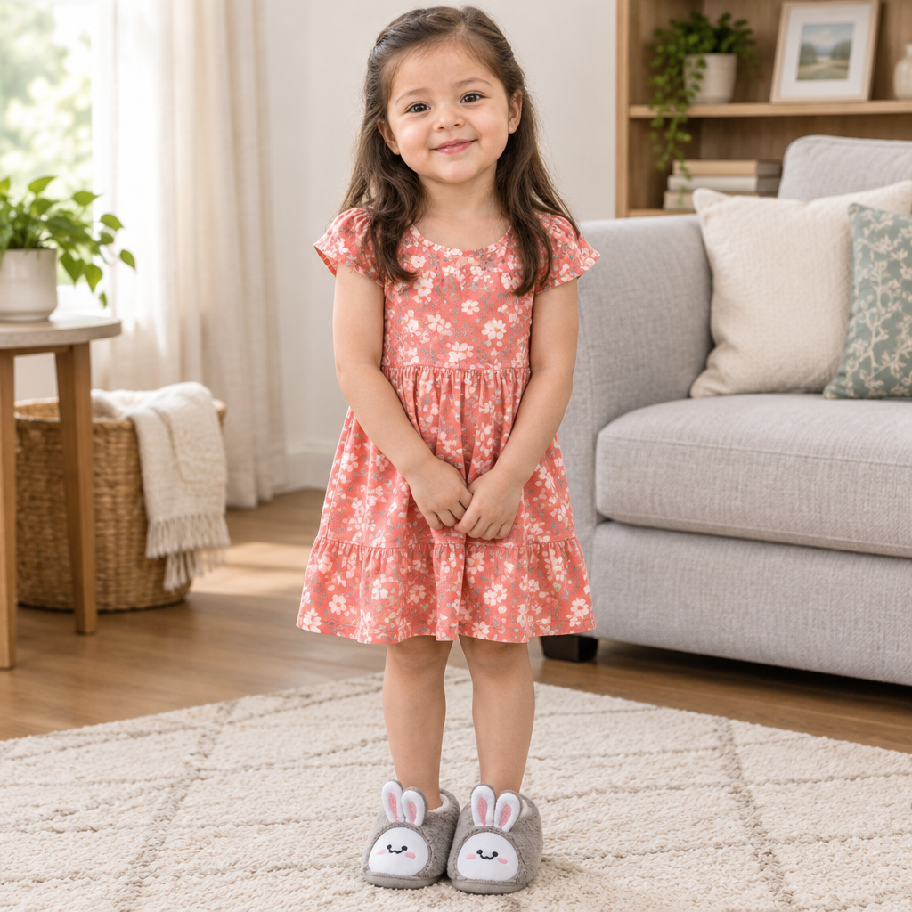 Five-year-old Sara model wearing grey bunny slippers