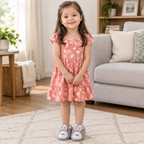 Five-year-old Sara model wearing grey bunny slippers
