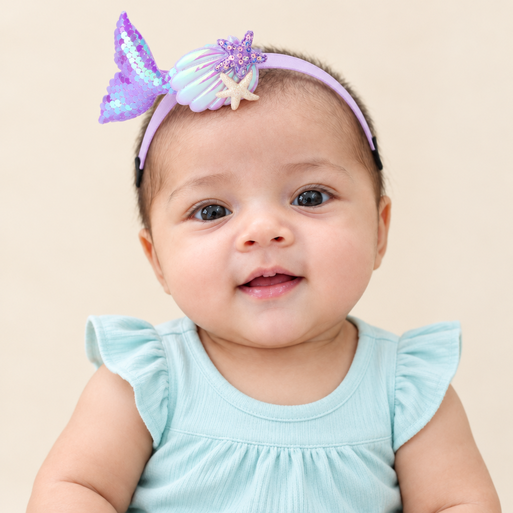 Sara wearing a lavender mermaid headband with shell and starfish decorations