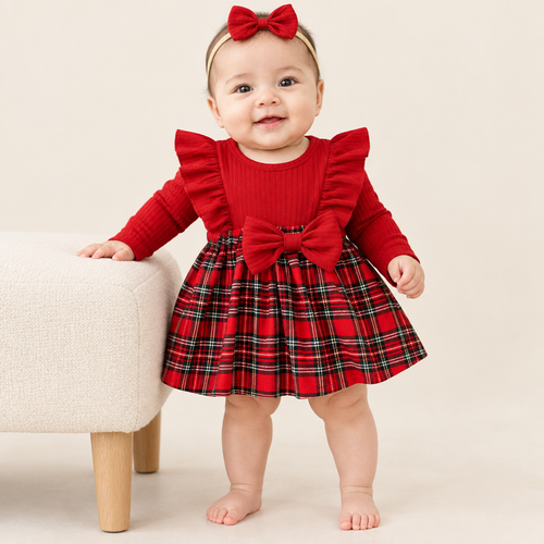 Sara standing while holding a bench, wearing a red ruffle plaid dress and matching bow headband