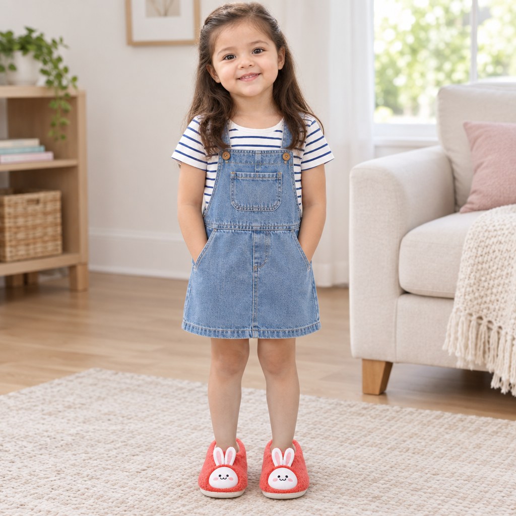 Five-year-old Sara model wearing coral red bunny slippers