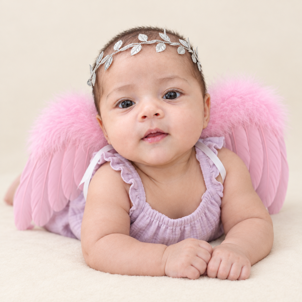 Sara modelling pink photography wings and a silver leaf headband on a cream studio mat