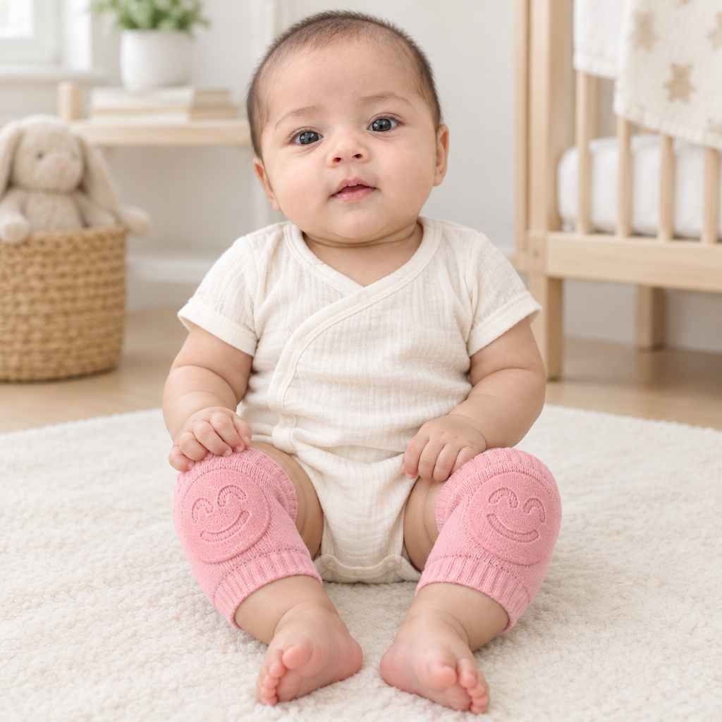 Sara wearing pink smiley knee pads