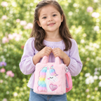 AI-generated child model carrying a pink plush unicorn handbag with rainbow details and a pink shoulder strap