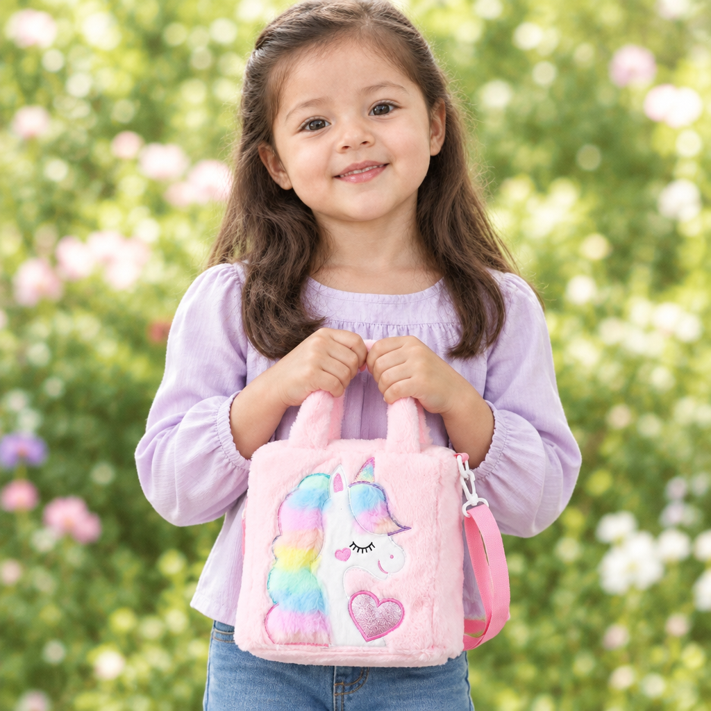 AI-generated child model carrying a pink plush unicorn handbag with rainbow details and a pink shoulder strap