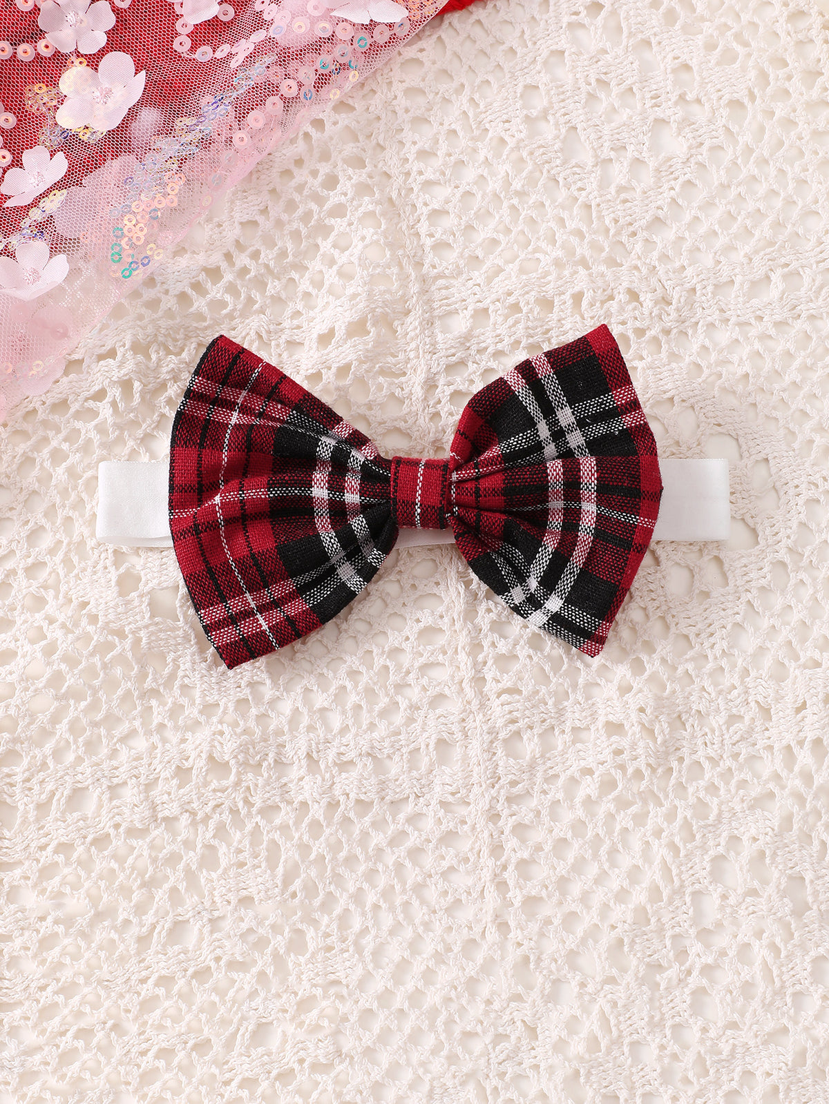 Baby Girl Lace-Trim Plaid Dress & Headband Set – Red & White