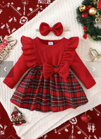 Baby Girl Ruffle Plaid Dress & Bow Headband Set – Red