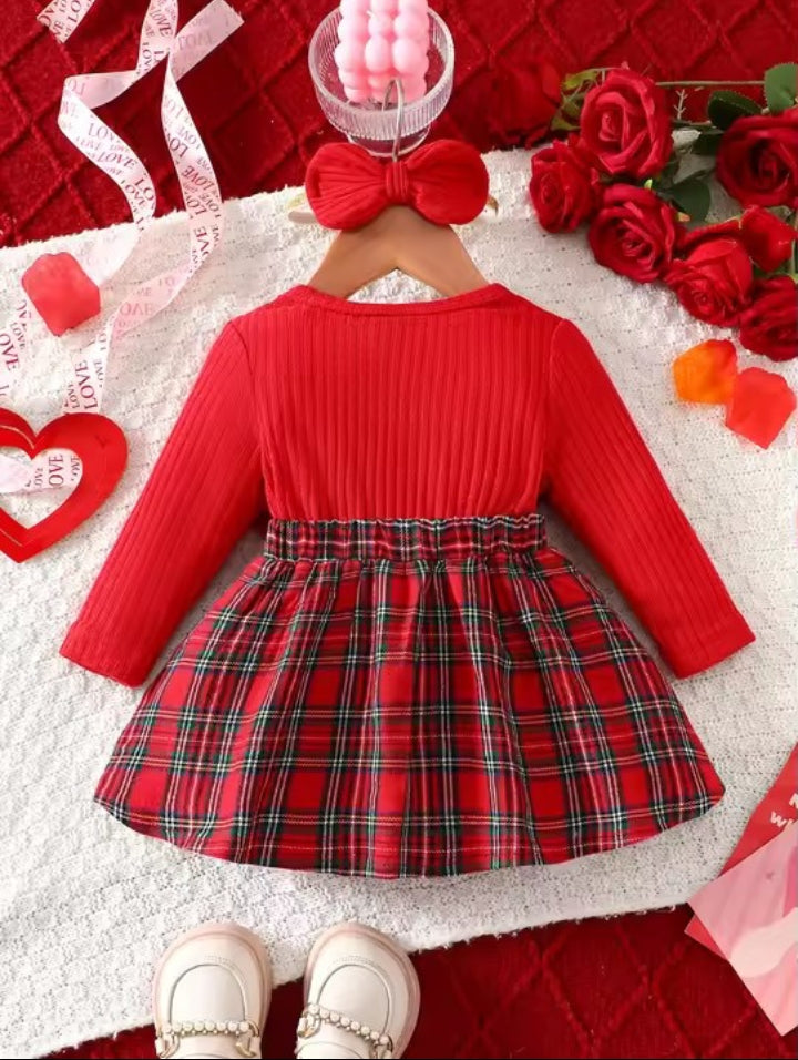 Baby Girl Ruffle Plaid Dress & Bow Headband Set – Red