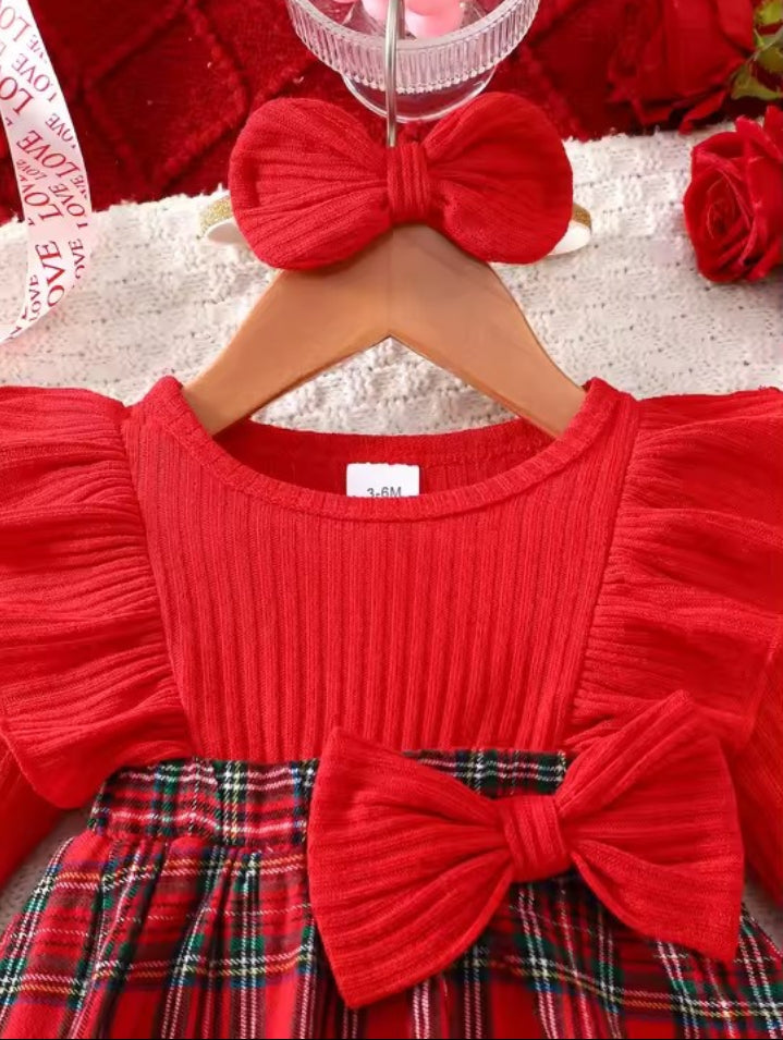 Baby Girl Ruffle Plaid Dress & Bow Headband Set – Red